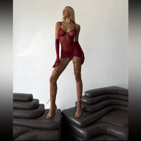 Red Sheer Lingerie Dress + Panties + Gloves Strap Set - Picture 4 of 8